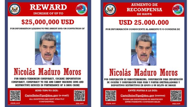 DEA anuncia recompensa de $25 millones de d&oacute;lares por la captura de Nicol&aacute;s Maduro
