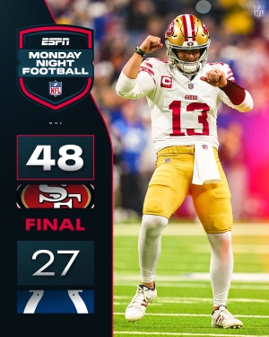 El quarterback Brock Purdy de los 49ers, lanza cinco pases de anotaci&oacute;n en la victoria ante Indian&aacute;polis