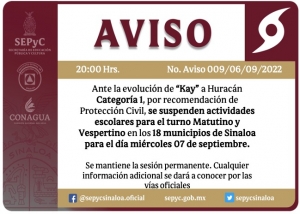 Tercer d&iacute;a consecutivo sin clases en Sinaloa por hurac&aacute;n "Kay", el cual ya es categor&iacute;a 2 esta ma&ntilde;ana