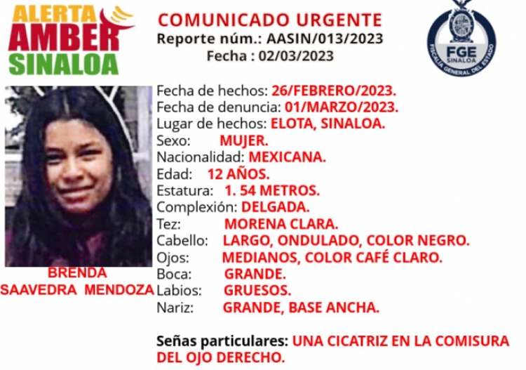 Desaparece Brenda, de 12 a&ntilde;os, en La Cruz de Elota, Sinaloa