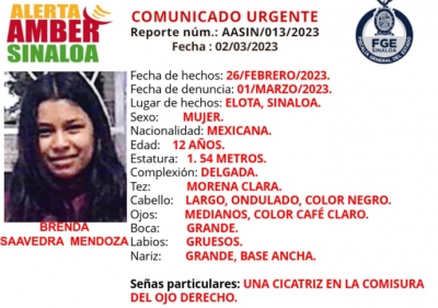 Desaparece Brenda, de 12 a&ntilde;os, en La Cruz de Elota, Sinaloa