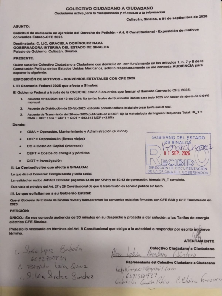 Ciudadanos piden audiencia a la Gobernadora Interina Graciela Dom&iacute;nguez Nava para revisar convenios con CFE por altas tarifas en Sinaloa