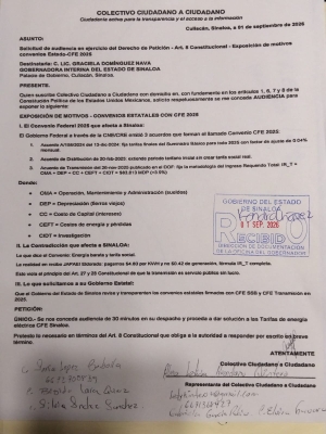Ciudadanos piden audiencia a la Gobernadora Interina Graciela Dom&iacute;nguez Nava para revisar convenios con CFE por altas tarifas en Sinaloa