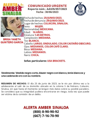 Joven Brisa Yaneth Quintero Garc&iacute;a de 16 a&ntilde;os se encuentra desaparecida