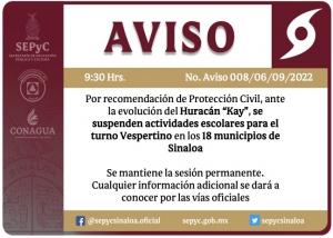 Martes 06 de septiembre: se suspenden clases tambi&eacute;n para turno vespertino en todo Sinaloa, por lluvias de &ldquo;Kay&rdquo;