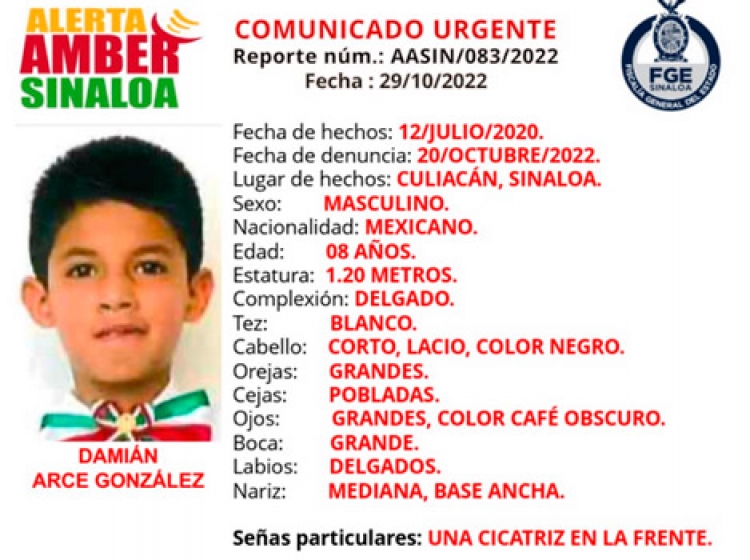 Dami&aacute;n, de 8 a&ntilde;os de edad, est&aacute; desaparecido desde el 2020, en Culiac&aacute;n
