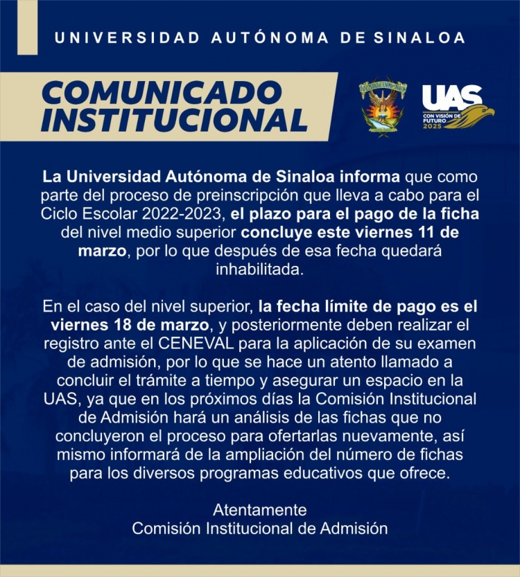 Viernes 11 de marzo, vence el plazo para pagos de aspirantes de nivel medio superior UAS