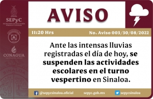 Suspenden las clases en turno vespertino por las lluvias, en Sinaloa