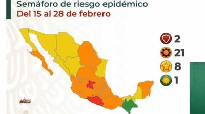 En el Sem&aacute;foro COVID-19: solo dos estados quedan en rojo; Sinaloa en amarillo