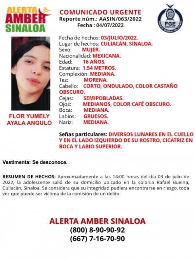FGE activ&oacute; el protocolo de Alerta Amber por la desaparici&oacute;n de Flor Yumely, de 16 a&ntilde;os de edad