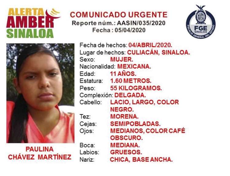 La Fiscal&iacute;a General del Estado de Sinaloa solicita la colaboraci&oacute;n ciudadana para localizar a Paulina
