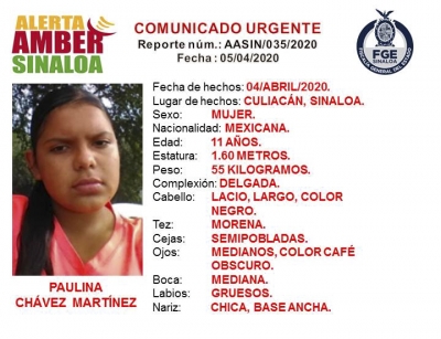 La Fiscal&iacute;a General del Estado de Sinaloa solicita la colaboraci&oacute;n ciudadana para localizar a Paulina