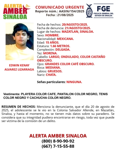 FGE solicita ayuda de la poblaci&oacute;n para encontrar a Edwin Kenay, desaparecido en Mazatl&aacute;n