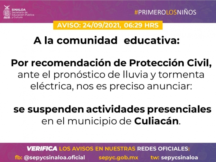 SEPYC suspende clases en Culiac&aacute;n por lluvia