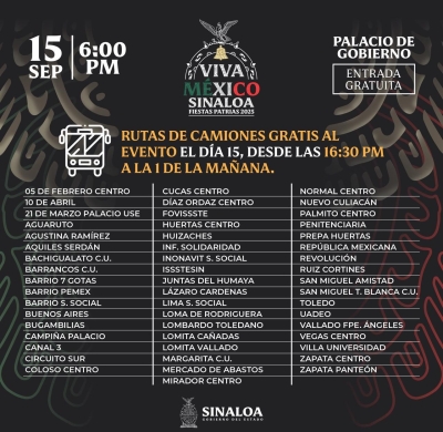 En Culiac&aacute;n: Garantizan traslado en la noche de 'El Grito' de Independencia con 156 camiones de 56 rutas