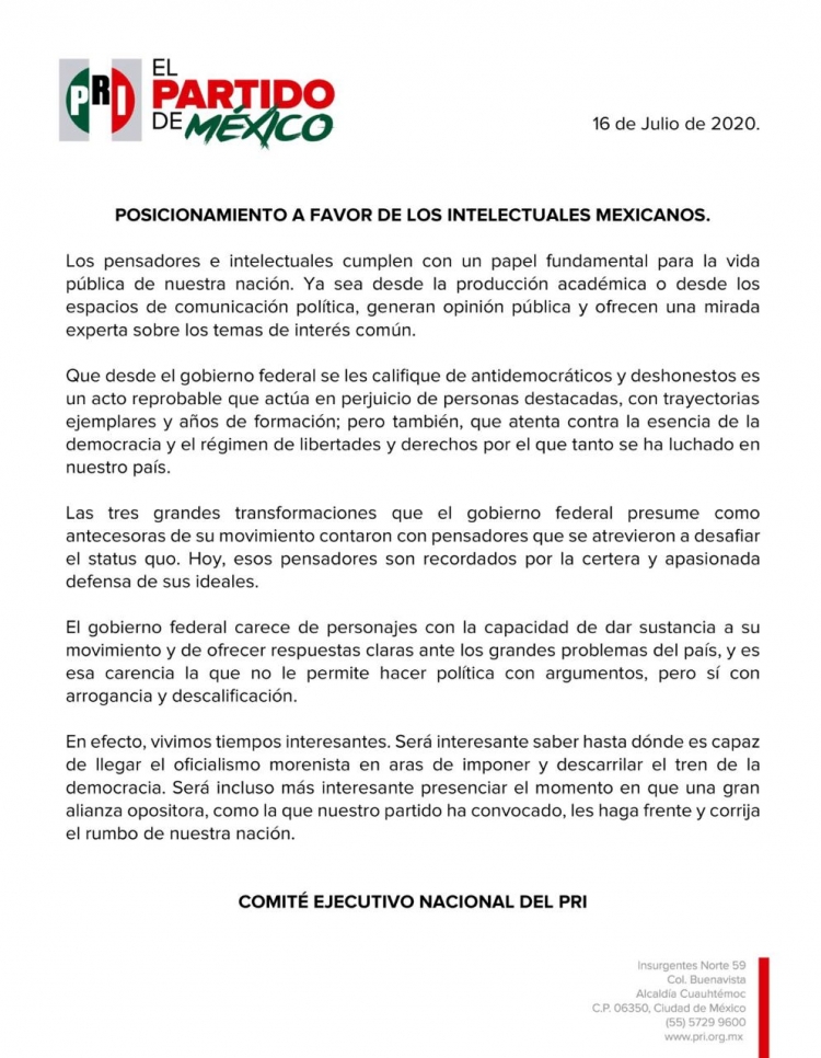 Reprobable, que el gobierno califique a intelectuales de antidemocr&aacute;ticos y deshonestos: PRI