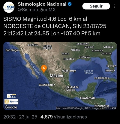 Sismo de 4.6 grados Ritcher sacude la ciudad de Culiac&aacute;n a las 8:12