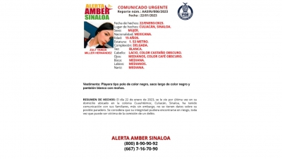 Se activ&oacute; e Protocolo Alba para la localizaci&oacute;n de Zuly Yanexi Miller Hern&aacute;ndez de 15 a&ntilde;os de edad, su &uacute;ltima localizaci&oacute;n fue en la colonia Cuauht&eacute;moc de Culiac&aacute;n