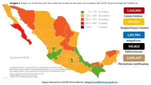 Al 20 de noviembre de 2020 hay 1,025,969 casos confirmados y 100,823 defunciones por COVID19