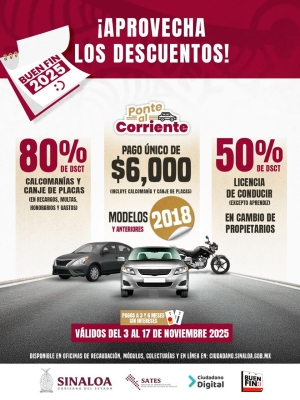Llega "El Buen Fin" del Gobierno de Sinaloa; el Estado ofrecer&aacute; descuentos en tr&aacute;mites vehiculares