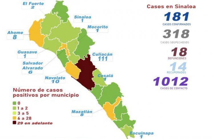 Suman 181 casos confirmados de coronavirus en Sinaloa; hay 18 defunciones 