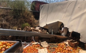 Muere chofer de tr&aacute;iler cargado de tomate en aparatosa volcadura sobre carretera Mazatl&aacute;n-Durango