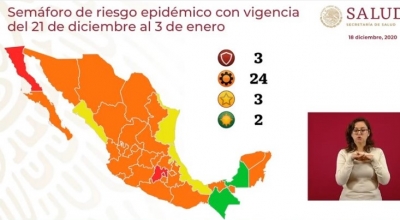 Tres estados en Sem&aacute;foro Epidemiol&oacute;gico Rojo por COVID-19