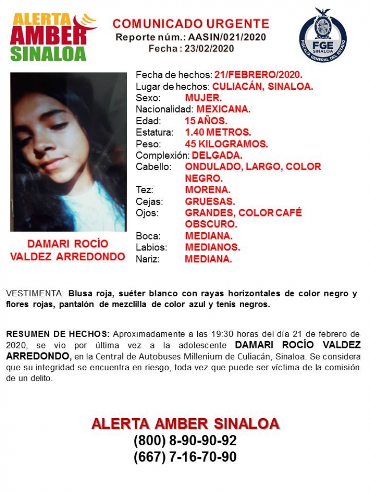 La Fiscal&iacute;a General del Estado de Sinaloa solicita la colaboraci&oacute;n ciudadana para localizar a Damari Roc&iacute;o.