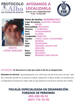 Urge localizar a Marta L&oacute;pez S&aacute;nchez