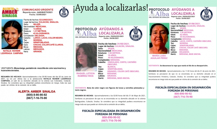 Aparece Yareli en Escuinapa, desaparecen Natalia, Mar&iacute;a Luisa y Raquel en Culiac&aacute;n