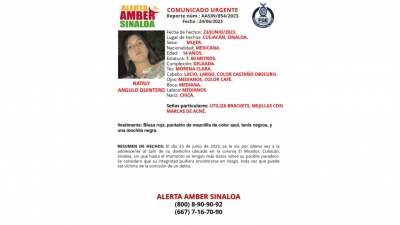 Activan Alerta Amber para la localizaci&oacute;n de Nataly Angulo Quintero de 14 a&ntilde;os de edad, despareci&oacute; en la colonia El Mirador de Culiac&aacute;n
