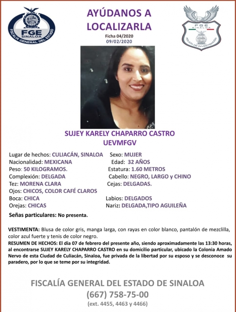 Fiscal&iacute;a solicita apoyo para localizar a Sujey Karely Chaparro Castro