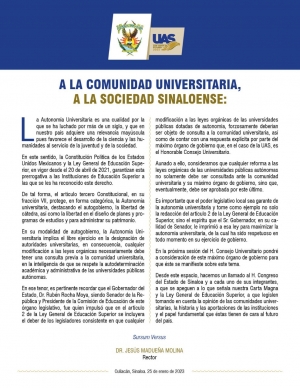 As&iacute; responde la UAS al intento de vulnerar la autonom&iacute;a universitaria por parte del Congreso