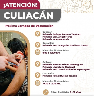 Jornada de Vacunaci&oacute;n contra el Covid-19 para este mi&eacute;rcoles en Culiac&aacute;n y Costa Rica