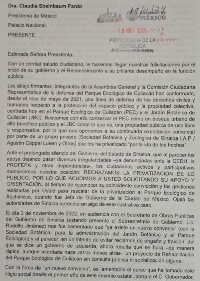 Instruye Gobernaci&oacute;n al Gobierno de Sinaloa, atender a los defensores del Parque Ecol&oacute;gico y Jard&iacute;n Bot&aacute;nico