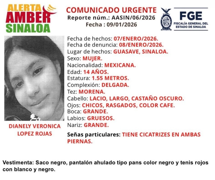 Fiscal&iacute;a Sinaloa pide ayuda a la ciudadan&iacute;a para encontrar a Dianely, de 14 a&ntilde;os, desaparecida en Guasave