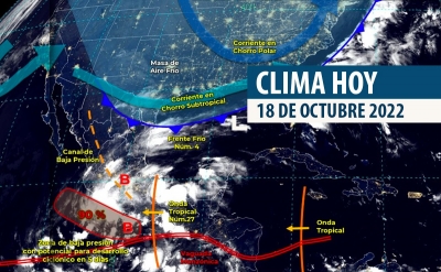 Frente fr&iacute;o no.4 y onda tropical no.27 ocasionar&aacute;n lluvias muy fuertes a puntuales torrenciales en el Oriente y Sureste del pa&iacute;s; Lluvias aisladas para Sinaloa