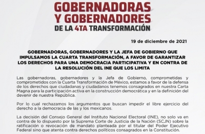 Gobernadores de la 4T hacen frente contra el INE por revocaci&oacute;n de mandato