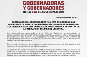 Gobernadores de la 4T hacen frente contra el INE por revocaci&oacute;n de mandato