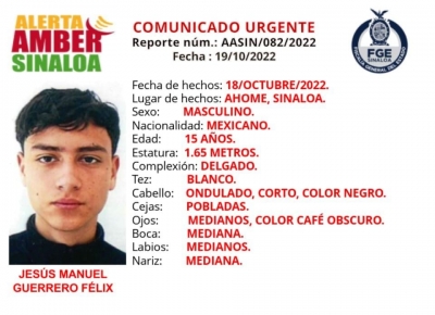 Se activ&oacute; el protocolo de la Alerta Amber por desaparici&oacute;n de Jes&uacute;s Manuel Guerrero F&eacute;lix de 15 a&ntilde;os de edad