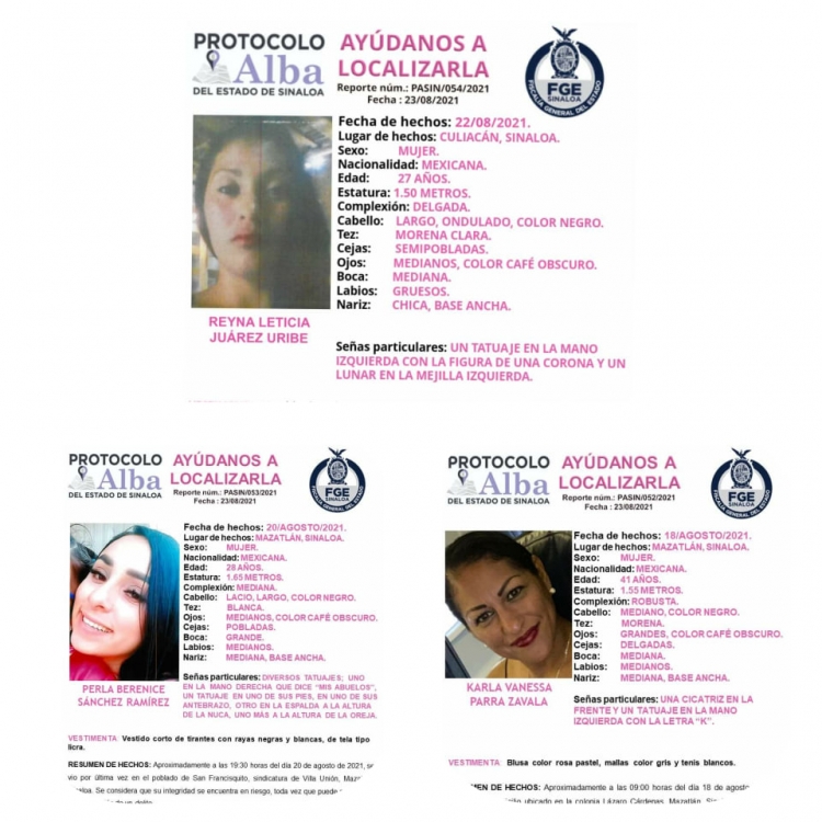 La FGE activ&oacute; el Protocolo Alba por desaparici&oacute;n de tres mujeres en Sinaloa