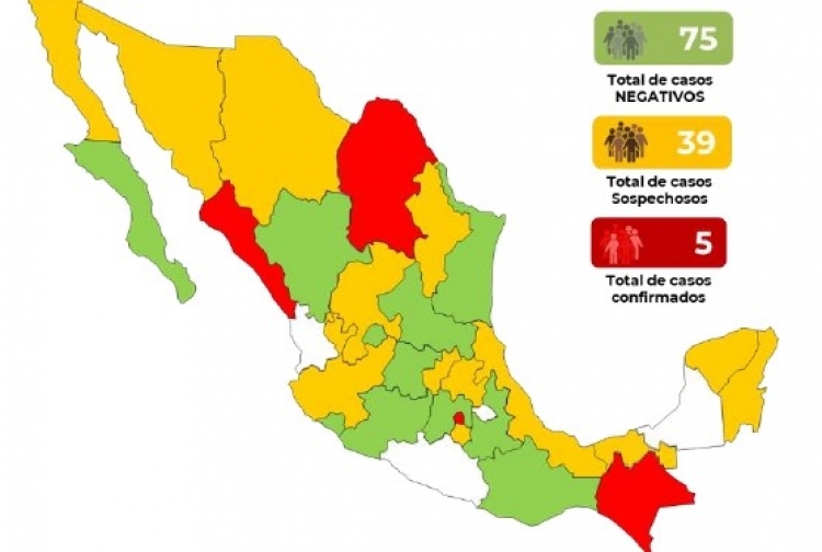 Contin&uacute;an cinco casos confirmados de coronavirus en M&eacute;xico; hay 39 sospechosos