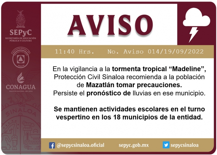 "Madeline" se acerca: SEPyC alerta por lluvias en Sinaloa, sin embargo reitera que se mantienen las clases en los 18 municipios