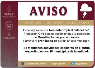 "Madeline" se acerca: SEPyC alerta por lluvias en Sinaloa, sin embargo reitera que se mantienen las clases en los 18 municipios