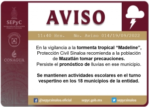 "Madeline" se acerca: SEPyC alerta por lluvias en Sinaloa, sin embargo reitera que se mantienen las clases en los 18 municipios