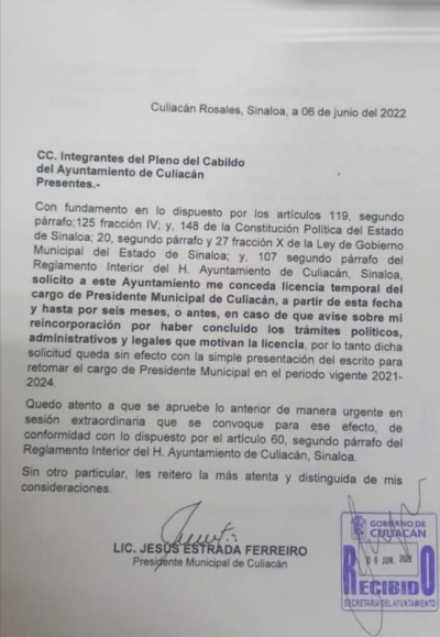 Se va Estrada Ferreiro de la alcald&iacute;a de Culiac&aacute;n