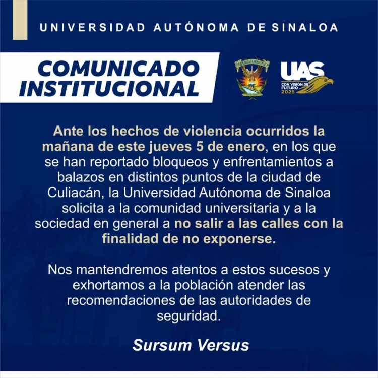 Suspenden UAS y SEPyC clases en todos los niveles educativos debido a disturbios en Culiac&aacute;n
