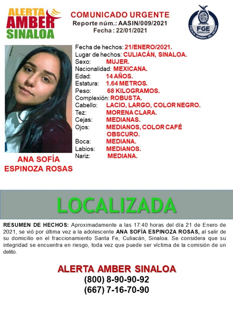 Localizan con vida a Ana Sof&iacute;a de 14 a&ntilde;os