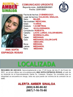 Localizan con vida a Ana Sof&iacute;a de 14 a&ntilde;os