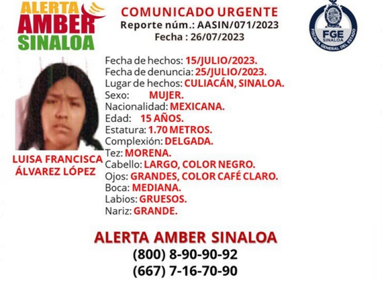Buscan a Luisa Francisca, de 15 a&ntilde;os de edad; desapareci&oacute; en Culiac&aacute;n